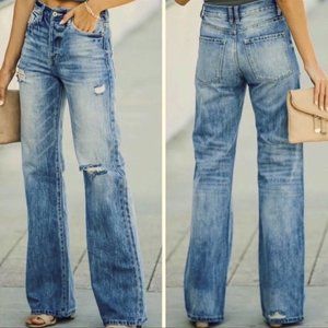 KanCan 90s High Rise Flare Leg Jeans Distressed Wide Leg Medium Wash Denim